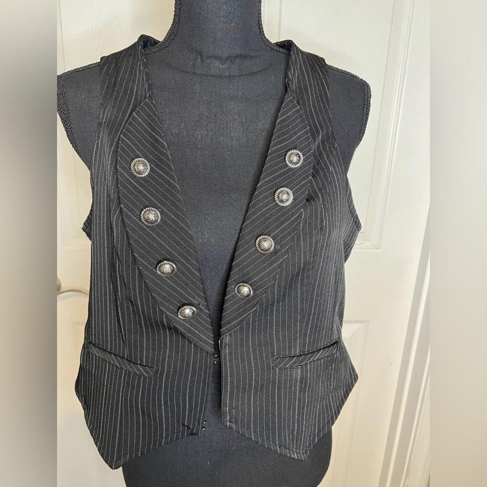 Black Pinstripe Double-Breasted Vest with Decorative Buttons